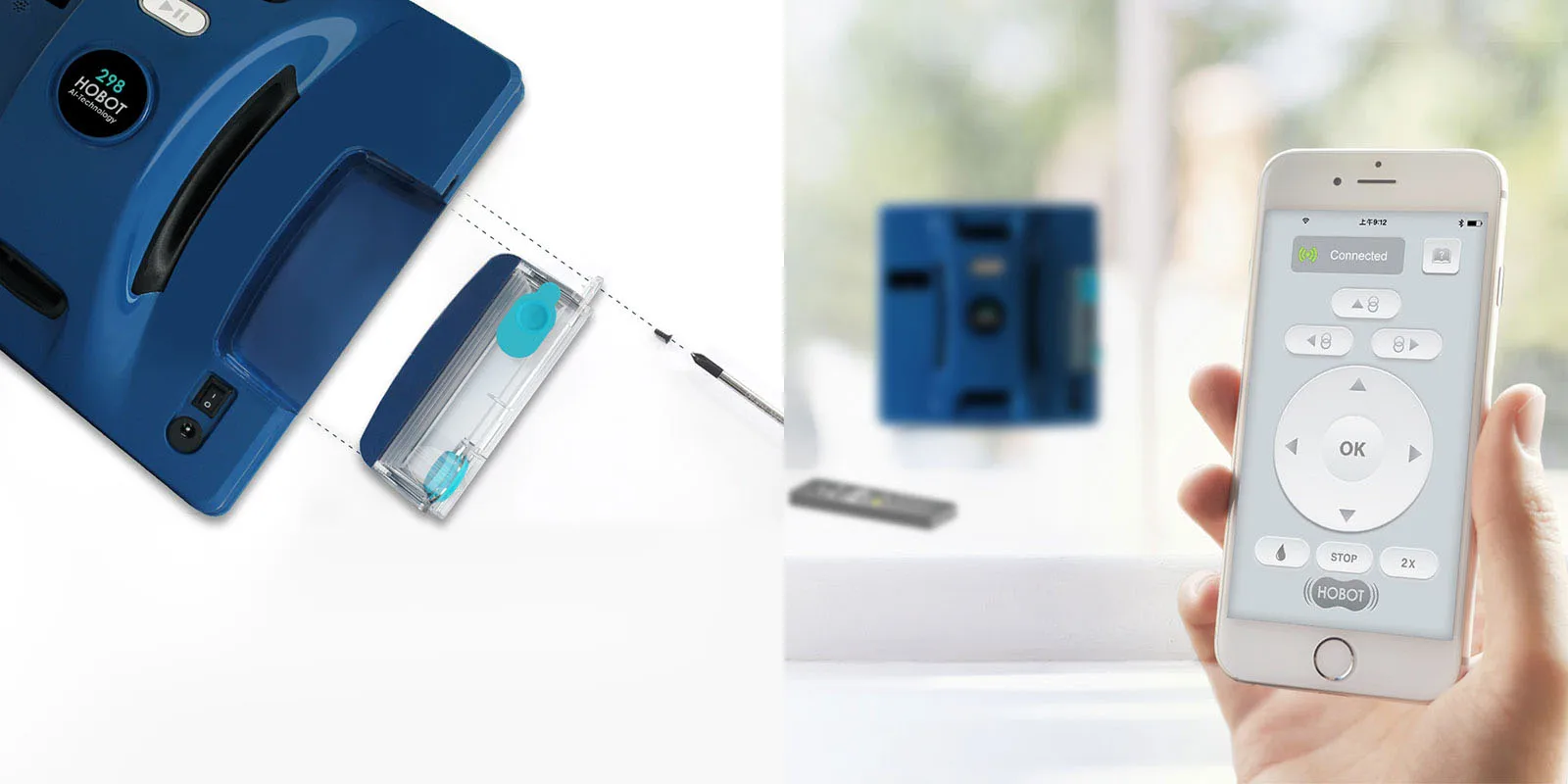 НОВИНКА! Робот для мытья окон HOBOT 298 Ultrasonic с распылителем и возможностью управления со смартфона, синий
