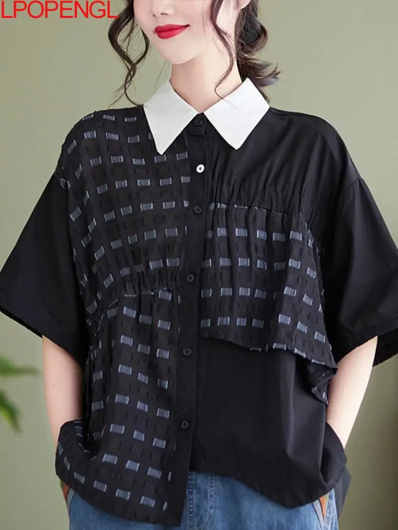 

Casual Turn-down Collar Blouses New Arrival Summer Women Short Sleeve Fashion Vintage Asymmetric Patchwork Shirt Loose Tees 2022
