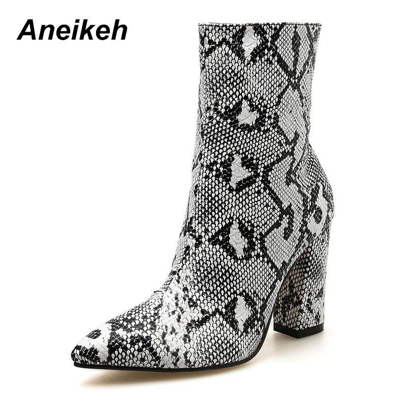 serpentine Aneikeh/ г. Весенне-осенние модные сапоги женские сапоги до колена сапоги на высоком толстом каблуке с острым носком и змеиным принтом женская обувь - Цвет: serpentine
