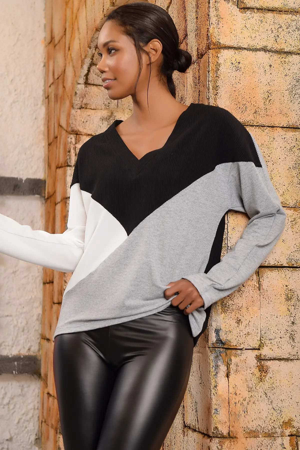 Тренд: женская желтая трикотажная одежда в стиле Alacati с v образным вырезом Bluz ALC 017