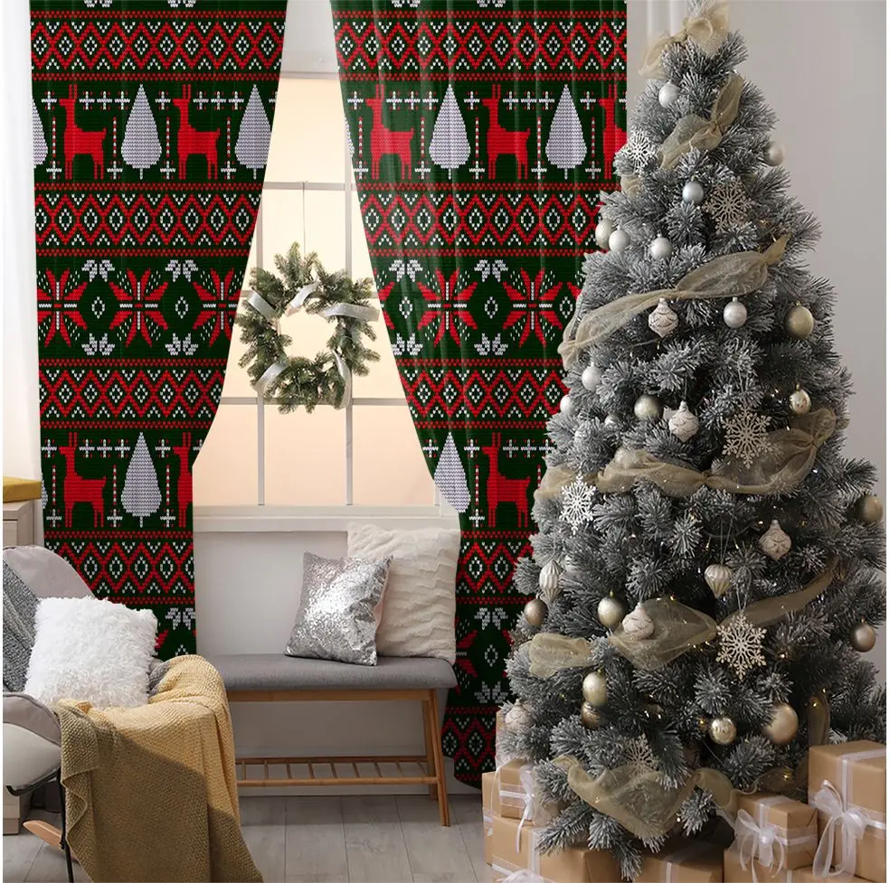 

Curtain Knitted Christmas Pattern of Small Trees Reindeers Floral Traditional Folk Art Printed Green Red White