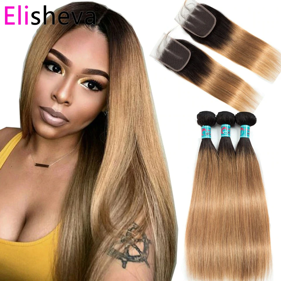 

Colored Straight 1b/27 Ombre Bundles With Closure Malaysian Remy Human Hair Brown Honey Blonde 3 Bundles With Closure 4x4