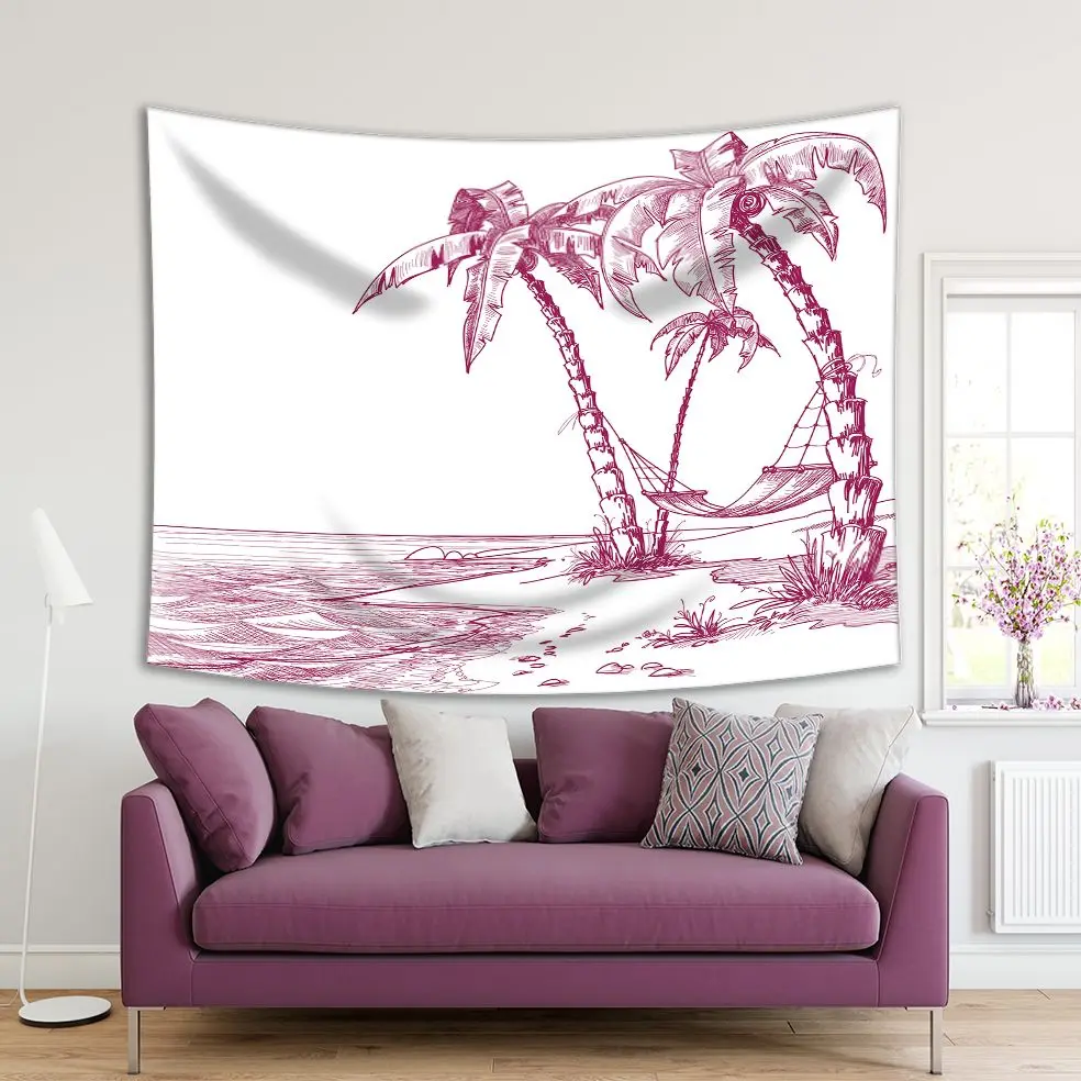 

Tapestry Tropical Beach with Palm Trees and Hammock Seaside View Artwork Printed Wine White