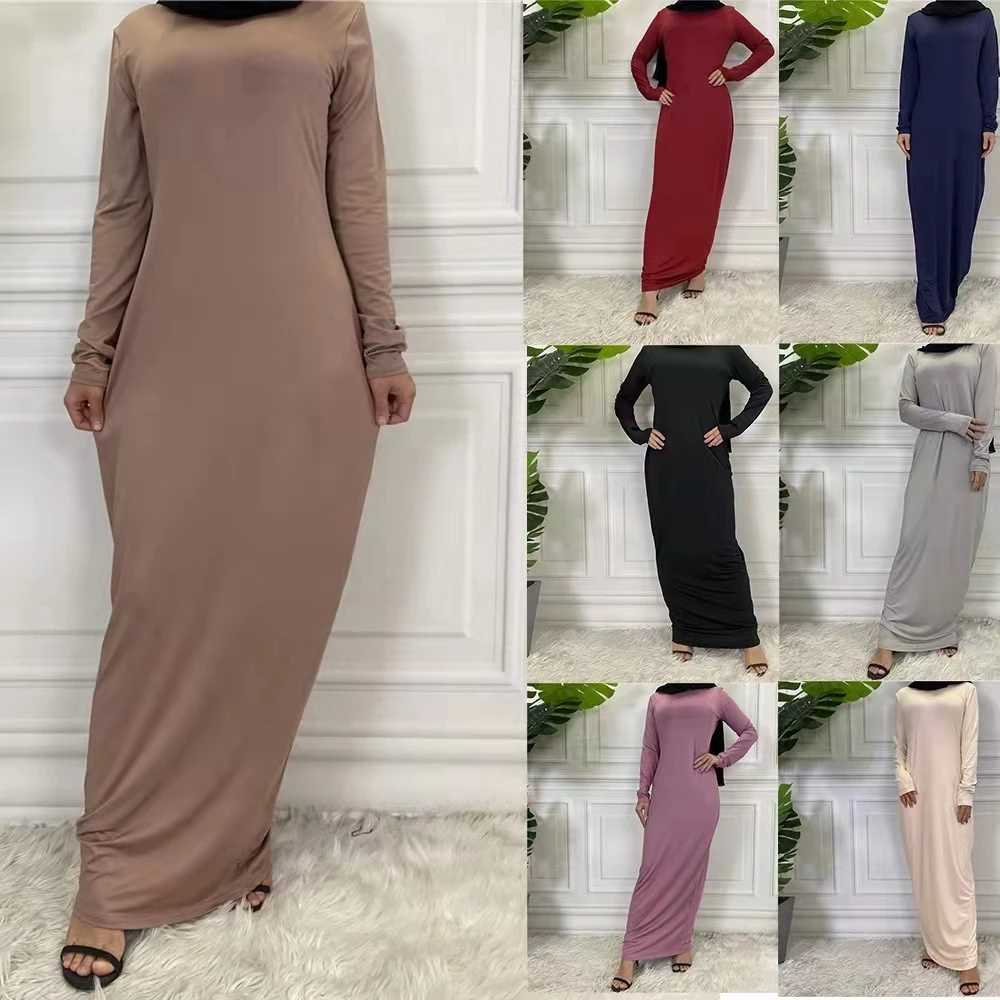 Мусульманские Базовые платья для женщин, Арабская одежда, однотонные платья с длинным рукавом, кафтан, Длинное свободное платье, кафтан, мар...
