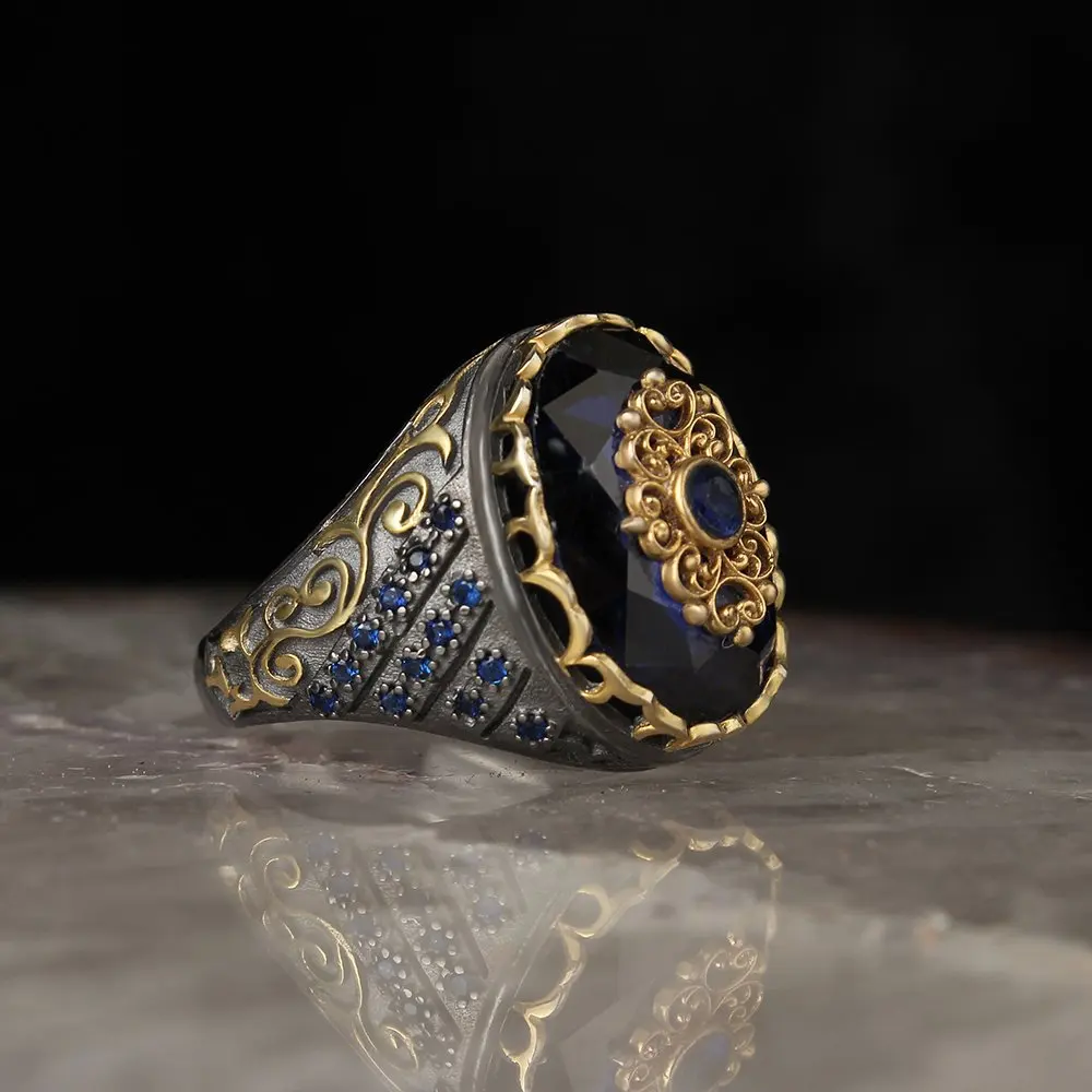 

925 Sterling Silver Mens Ring with Blue Sapphire Gemstone Made in Turkey Gifts for Men Silver Jewelry