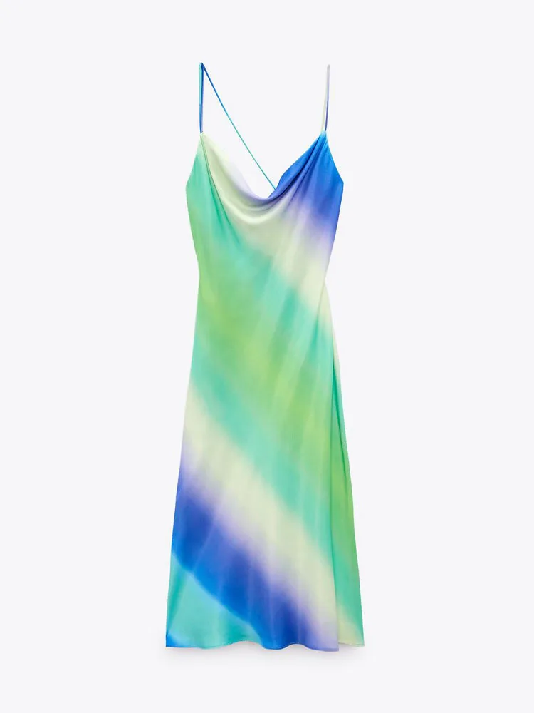 

Zach AiIsa Spring/Summer New Women's Fashion Temperament Sexy Backless Strap Tie-Dye Silk Satin Texture Slim Dress