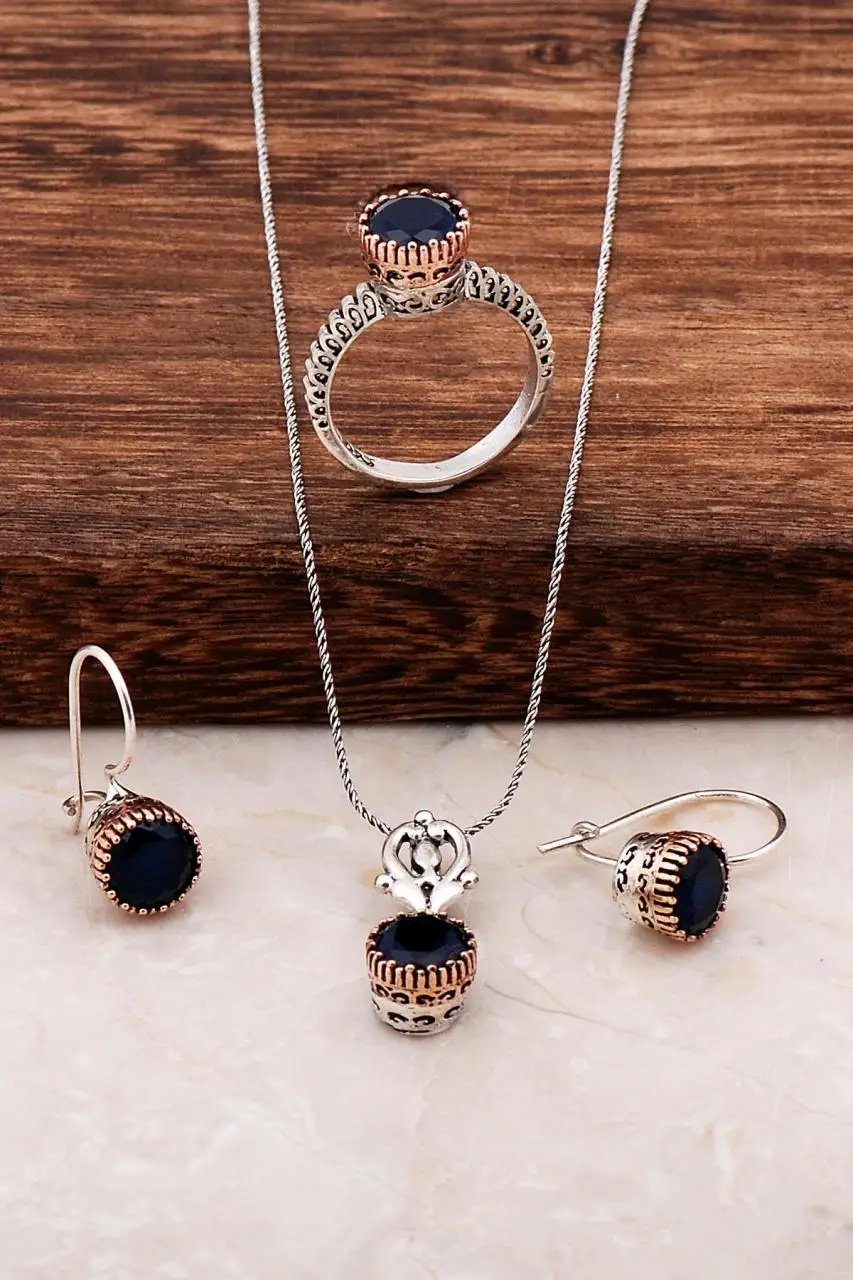 

Sapphire Zircon Handmade Design Silver Set 2053Hand Made Silver Jewellery Set