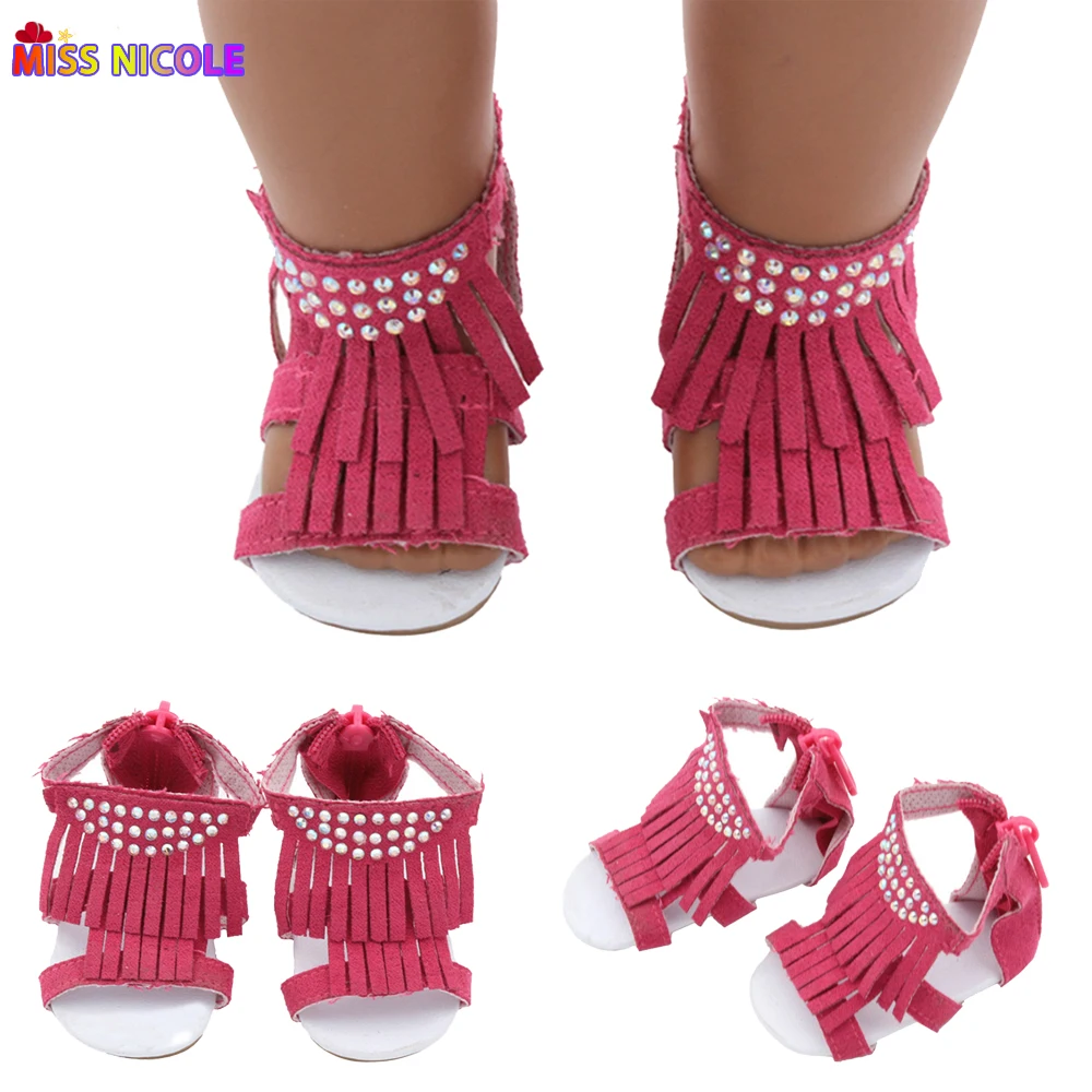 Summer Casual 18 Inch Doll Sandals PU Tassel Rose Red Shoes Fit Bebe Reborn Doll Toys For Girls's Gift 1/3 BDJ Ressian Dolls