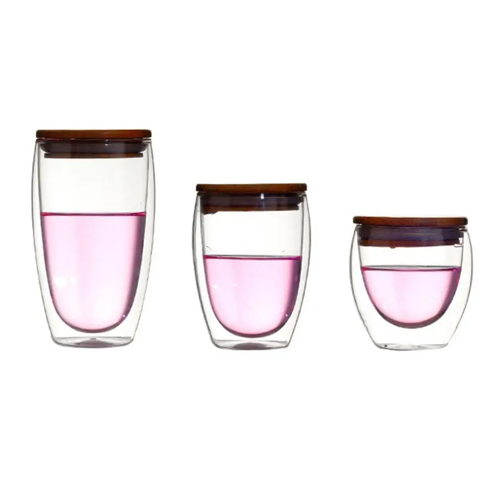 Термостойкая двухслойная стеклянная чашка с бамбуковой крышкой пивная кофейная