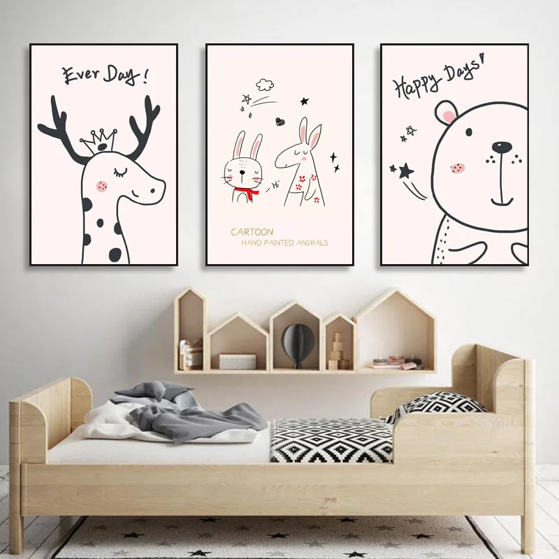 

Cartoon Line Drawing Cute Animals Abstract Poster Wall Art Canvas Prints Simple Painting Decorative Picture Modern Home Decor