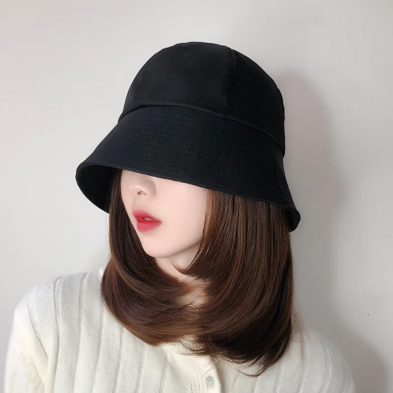 

High Temperature Fiber Synthetic Knitted Fisherman Bucket Hat Long Curls Wig Adjustable Natural Fake Hair for Women Sun Hat