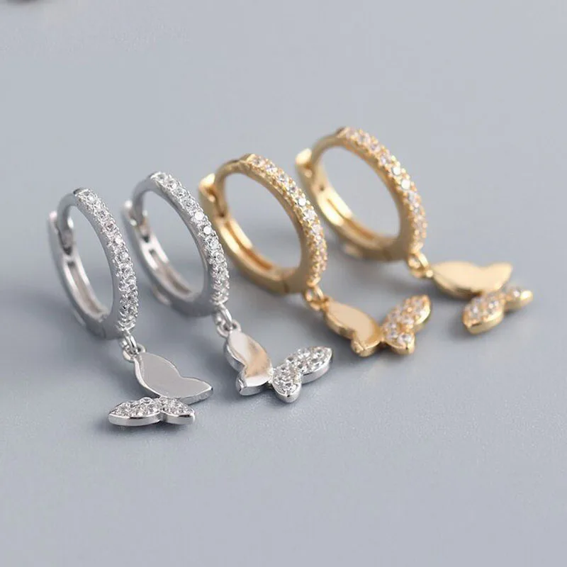 

A00749 Jazaz 925 Sterling Silver Cute Pave Zircon Butterfly Tassel Ear Buckle for Women Party Wedding Fashion Jewelry Earrings