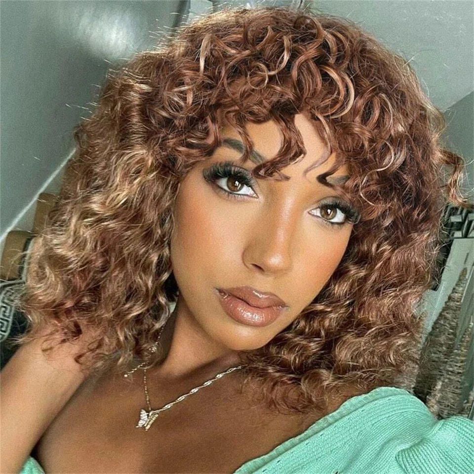 

Кудрявый парик с челкой, бразильский парик с хайлайтером Remy, медовый блонд, парик из человеческих волос для черных женщин, парик машинной ра...