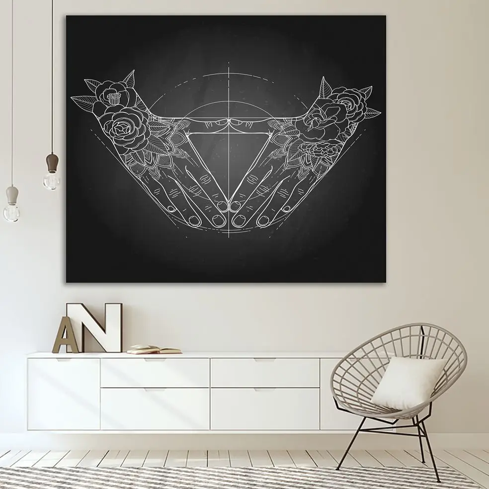 

Tapestry Hands Folded in the Shape of Triangle Floral Boho Style Art on Dark Background Black and White