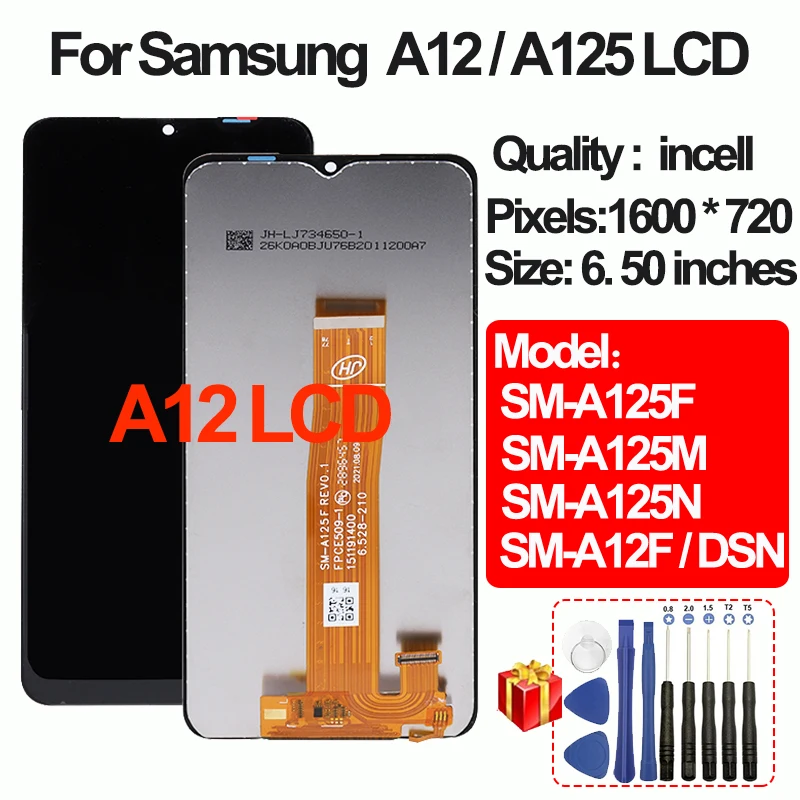 

6.5" Incell Pantalla For Samsung Galaxy A12 A125 LCD With Frame Touch Screen Digitizer Assembly A12F/DSN A125F/DSN A125M LCDs