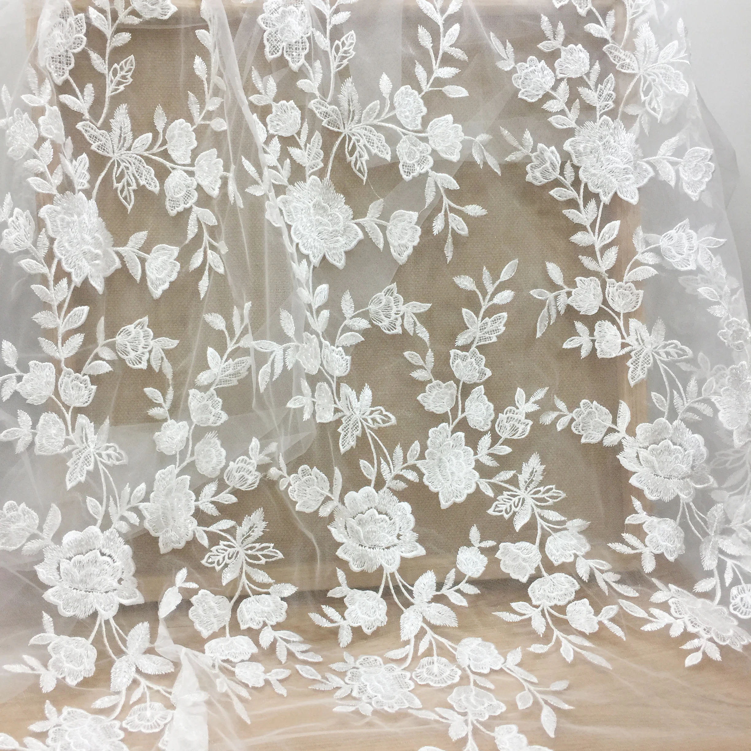 1 Yard Off white clear sequin floral tulle embroidery lace fabric by yard, bridal gown wedding dress couture lace