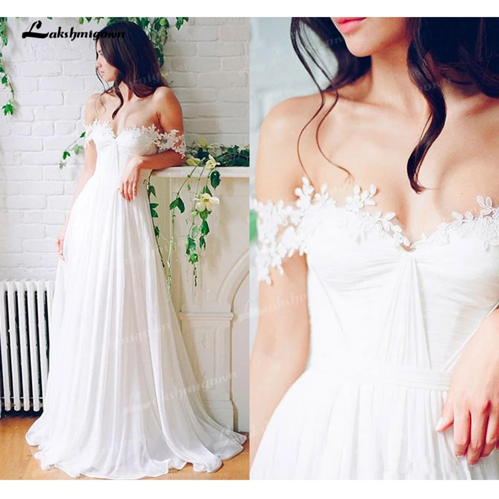 

Charming Chiffon A-Line Wedding Dresses Sweetheart Neck Sleeveless Open Back Sweep/Brush Train Bride Gown Appliques Off Shoulder