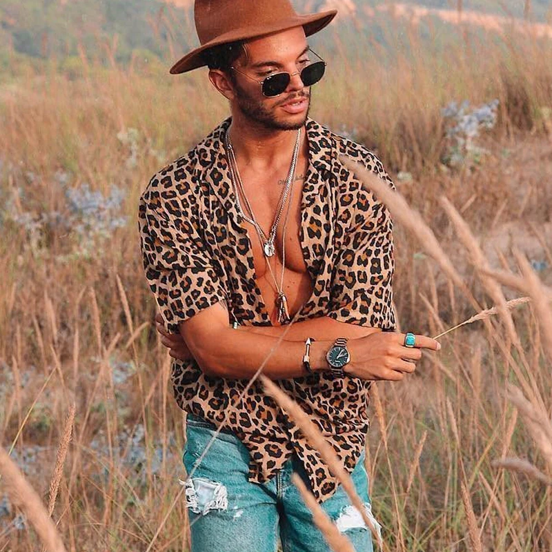 Мужская винтажная рубашка с леопардовым принтом Повседневная Свободная
