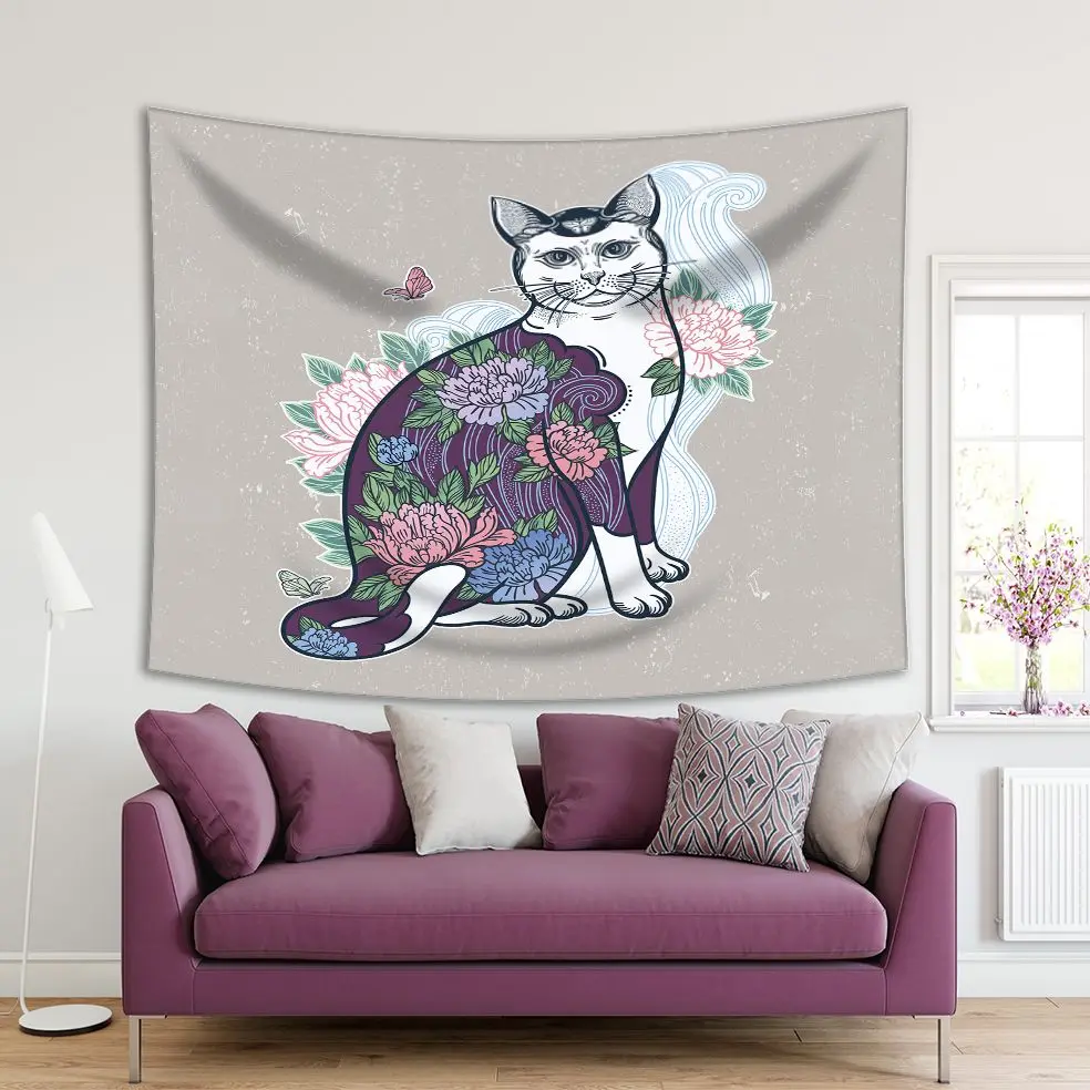 

Tapestry Cat in Summer Garden Flowers Butterflies Fun Decorating Floral Artwork Printed Purple Pink Blue Green