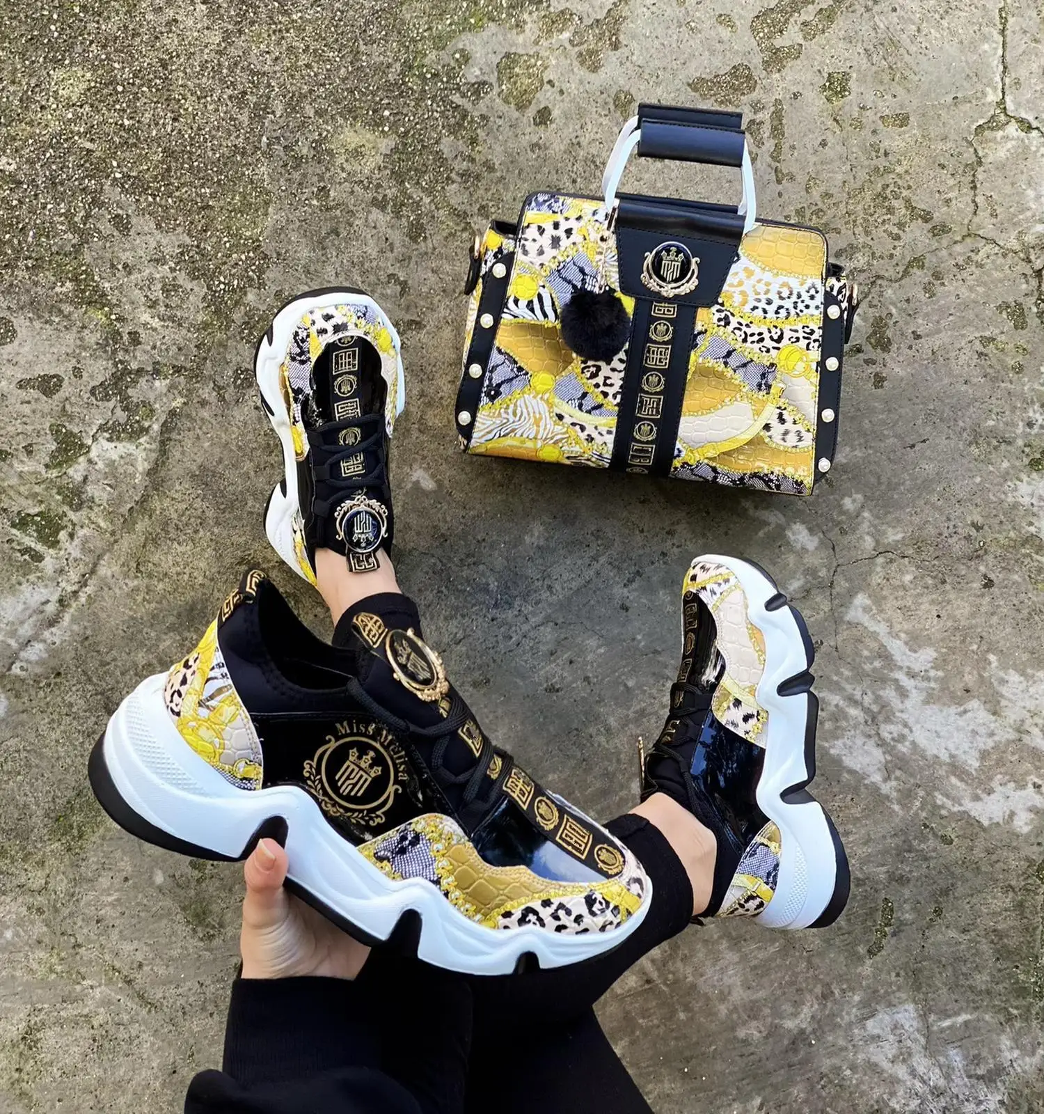 

Miss Melisa Shoes and Bag Yellow stylish sneakers bag set Code S108