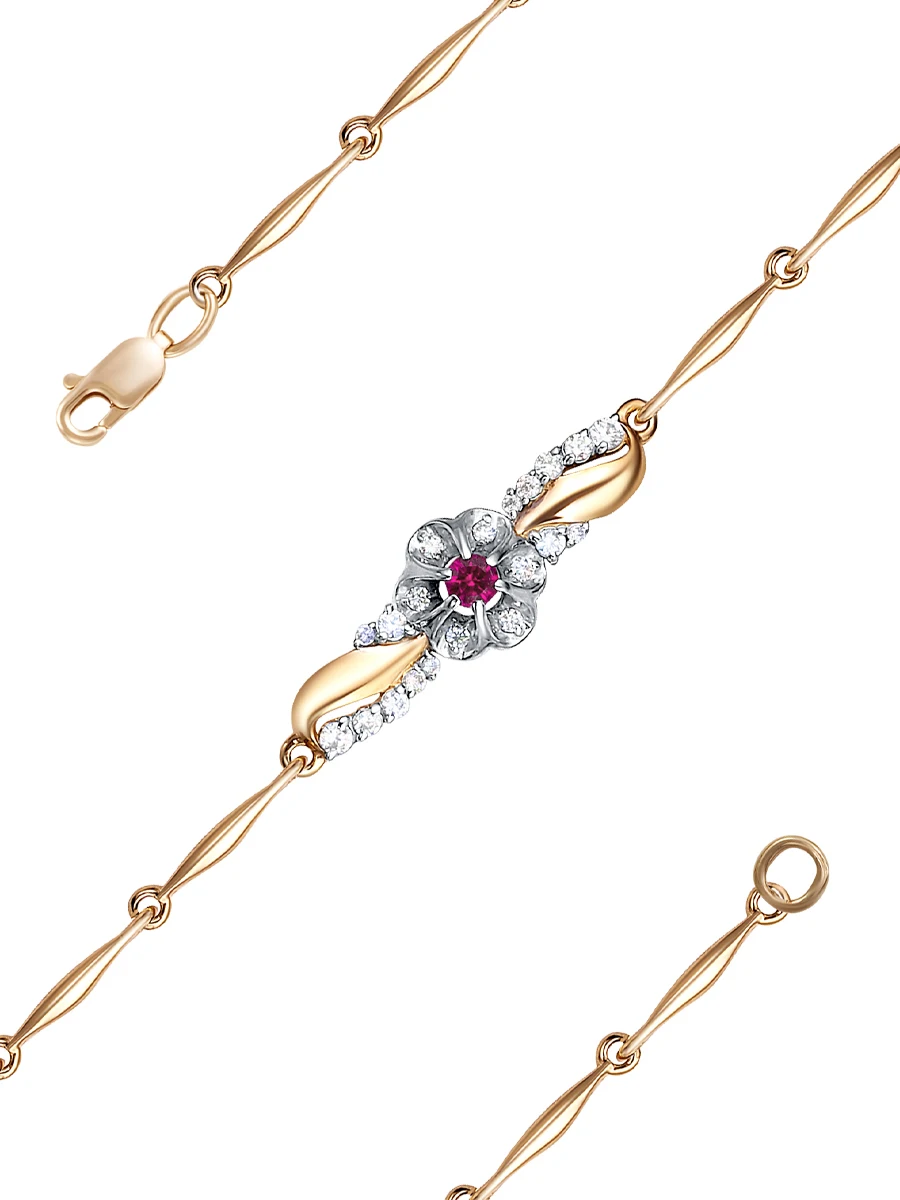 Браслет &quotЦветочек&quot SamoroDki Jewelry с кор. рубином серебро 925 родий/золочение. |