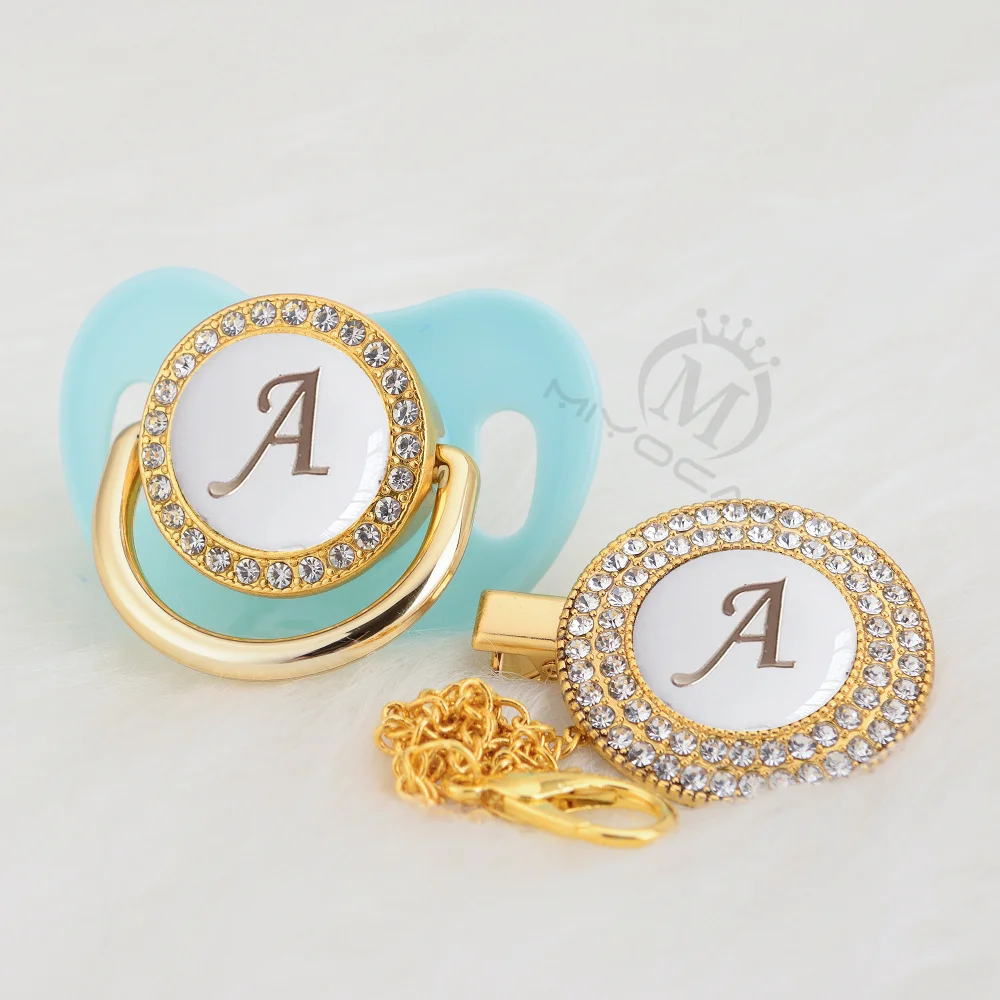 MIYOCAR Gold silver name Initials letter white elegant A beautiful bling pacifier and pacifier clip BPA free dummy bling LA-W