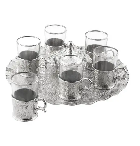 

Турецкий стильный чайный подарочный набор на 6 персон с серебристым узором, из 15 предметов, с серебристым узором