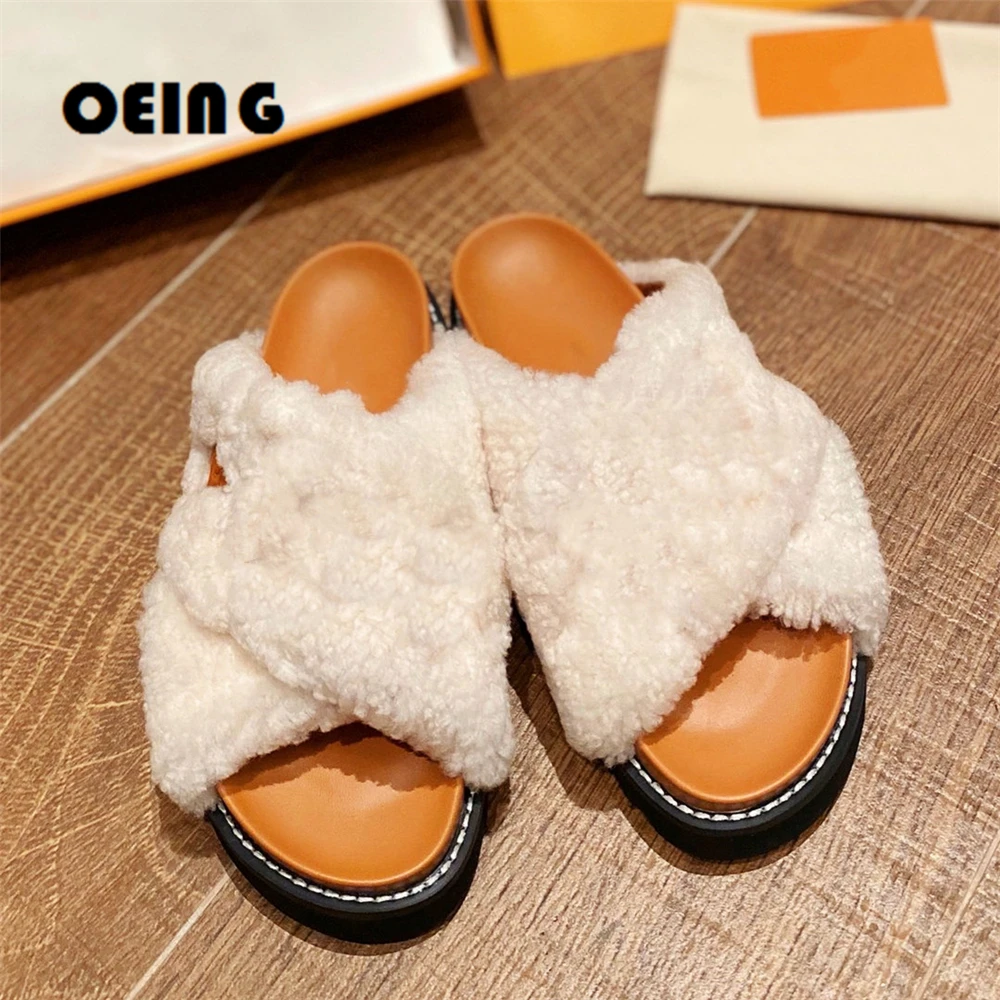 

Spring Women Flat Comfort Mules Open Toe Wide Front Strap Fur Slippers Female Outdoor Beach Flip Flops Slide Shoes Size 35-42