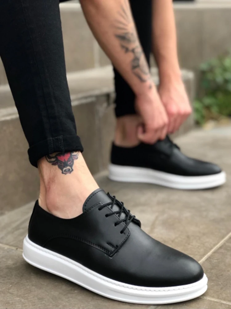 Мужские туфли на шнуровке BA0003 классические черные и белые высокой подошве для