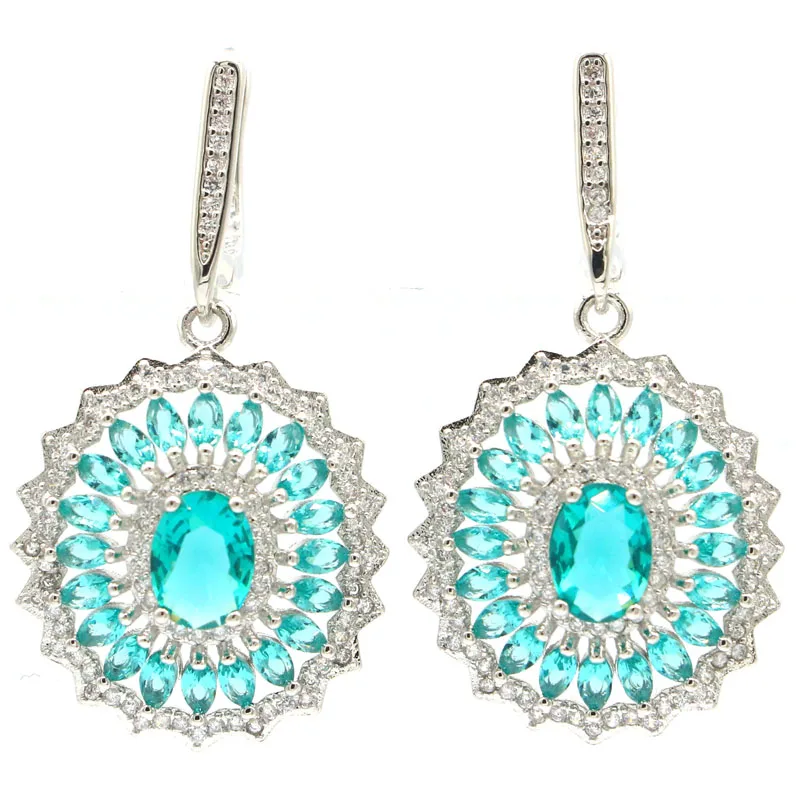 

41x21mm Fancy Created Rich Blue Aquamarine White Zircon For Woman's Party Silver Earrings