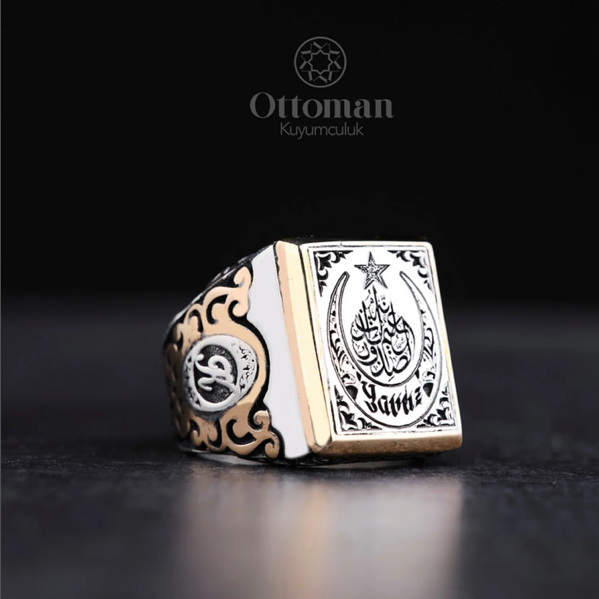 Ottoman Square Ring Moon and Star Men 925 Sterling Silver Cell Arabic Engraving Personlized Custom Ring Engraved Free Shipping