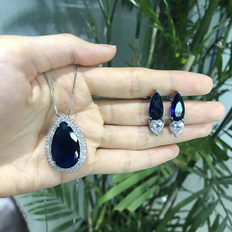 

Water Drop Tanzanite Gemstone Lab Diamond Pendant Necklace Earrings 925 Silver Paraiba Tourmaline Gemstone Wedding Jewelry Sets