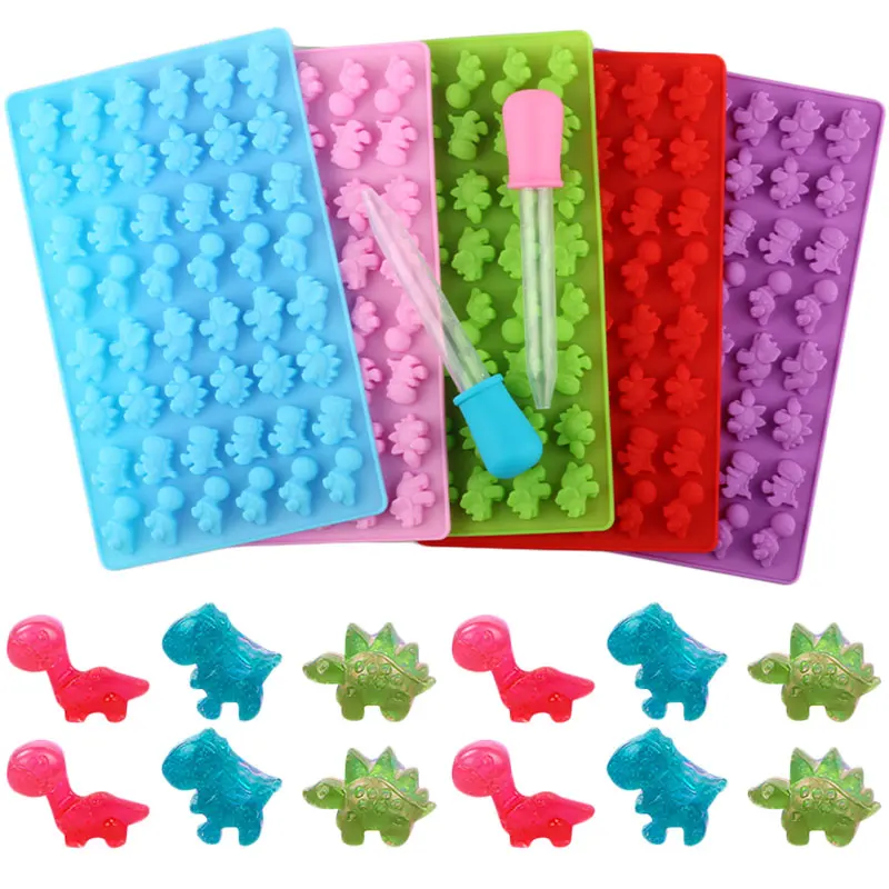 48 Cavity Dinosaur Silicone Molds Gummy Jelly Candy Chocolate Mold Ice Cube Tray Mould Fondant Cake Decorating Tools With Straw