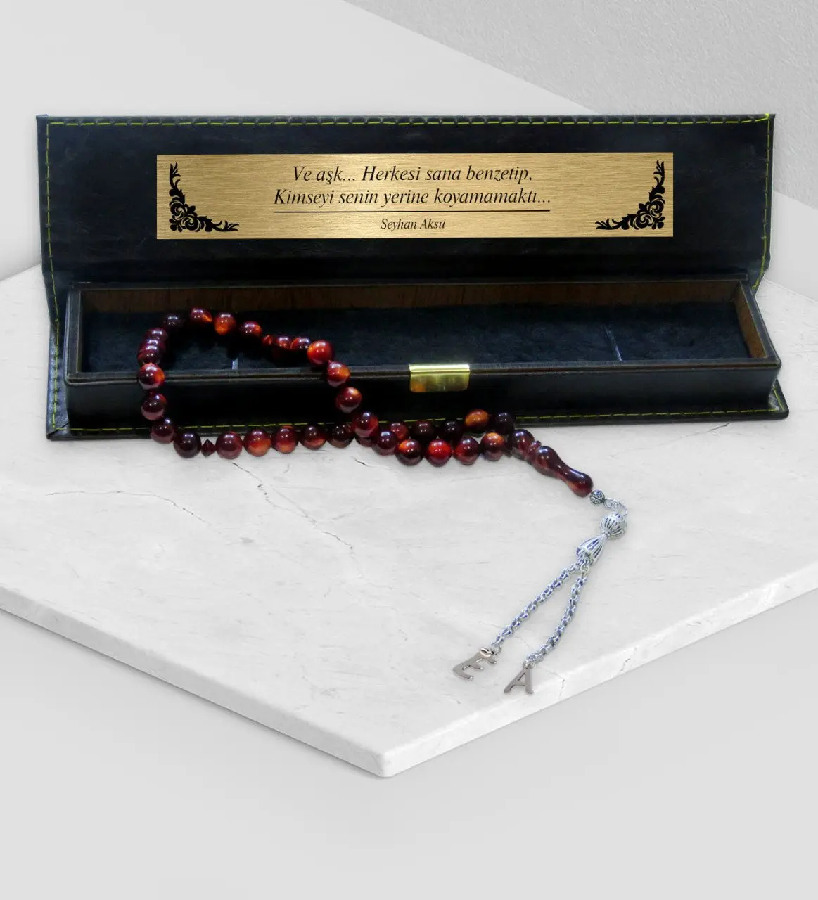

Tailor-made In Leather Box Case Ended Sphere Cut Baked Amber Rosary