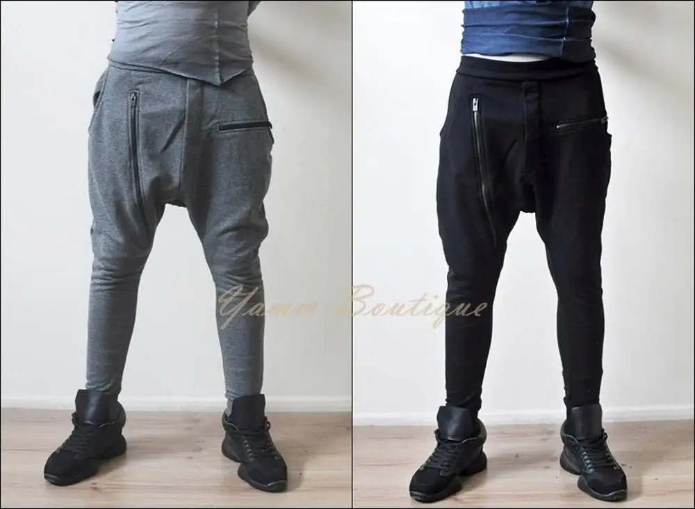 

Asymmetric Cut Cotton Black & Gray Men's Slim Fit Zipper Pockets Low Crotch Sweatpant Biker Joggers Tracksuit / Sarrouel Japanes