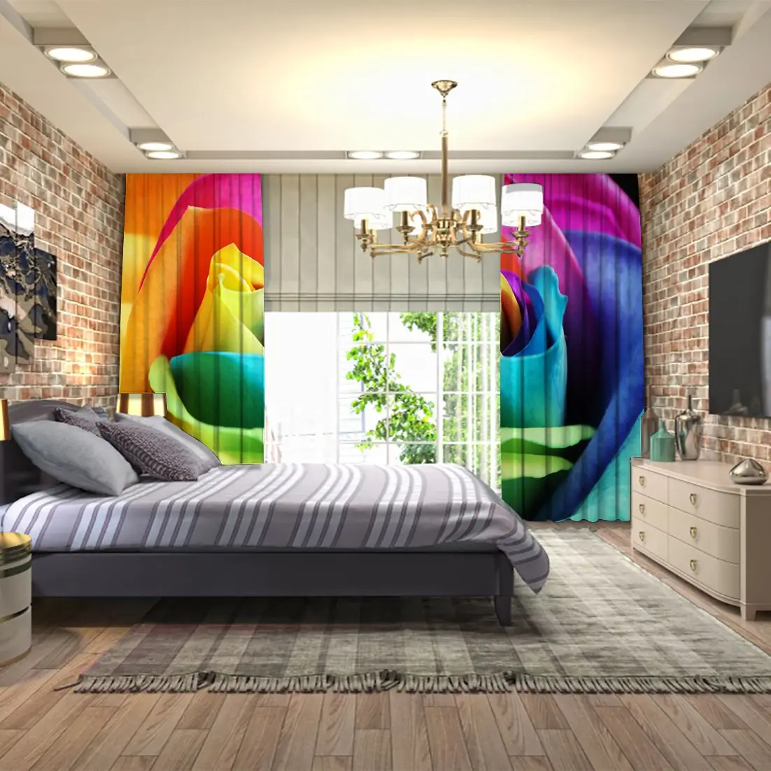 Занавеска Радуга Роза цветок на черном фоне природа цветы романтическое