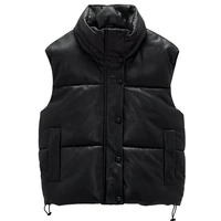 black stand collar vests women fashion zipper pu leather coats women elegant autumn winter short vests female ladies