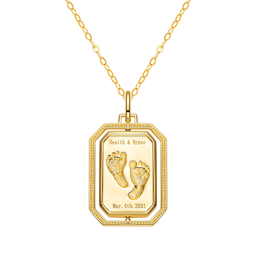 

18K Gold Necklace Custom Rectangular Rotatable Baby Footprint Necklace Mom's Gift Free Engraving