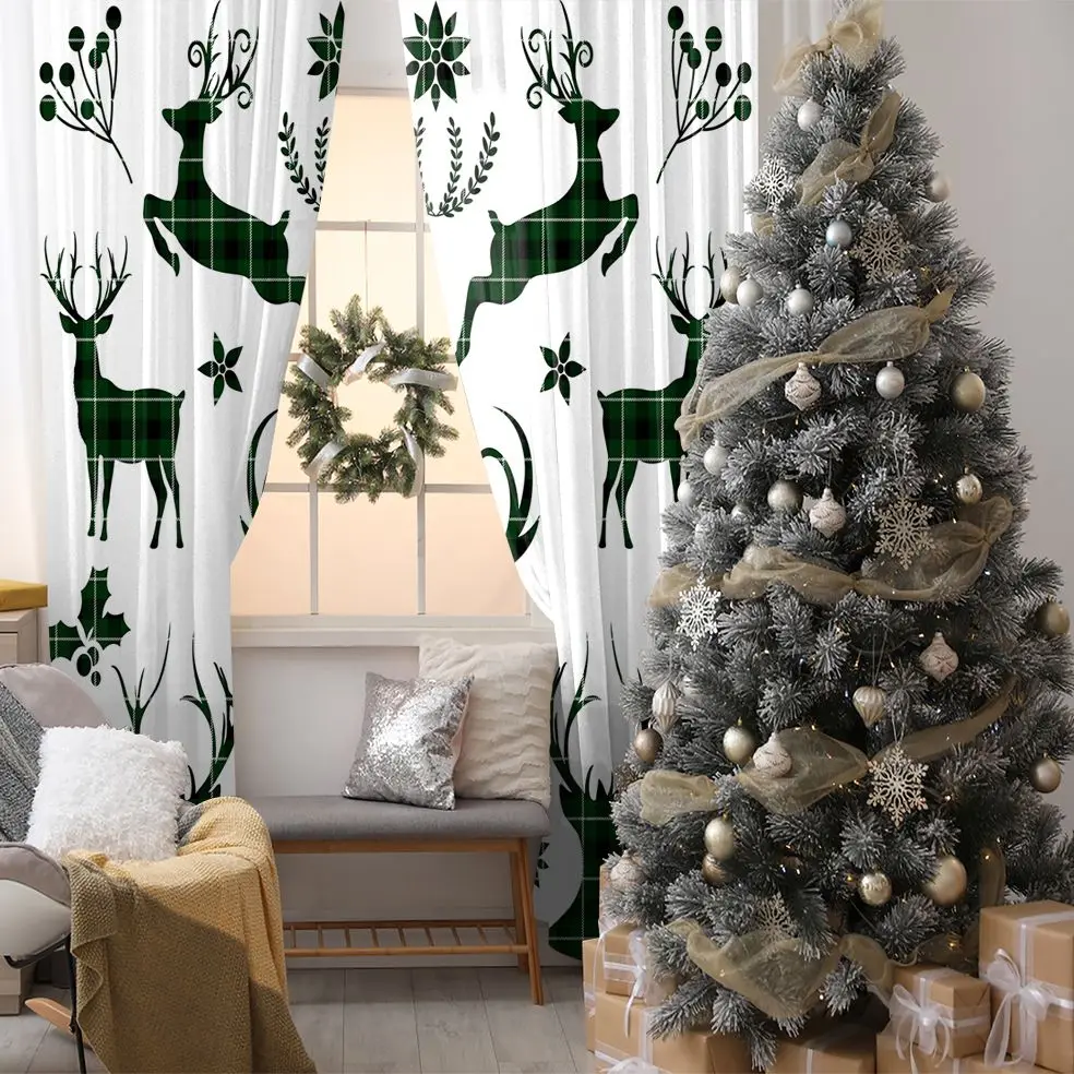 

Curtain Plaid Pattern Berries Leaves Reindeers on Bright Background Christmas Decorating Theme Art Printed Green White