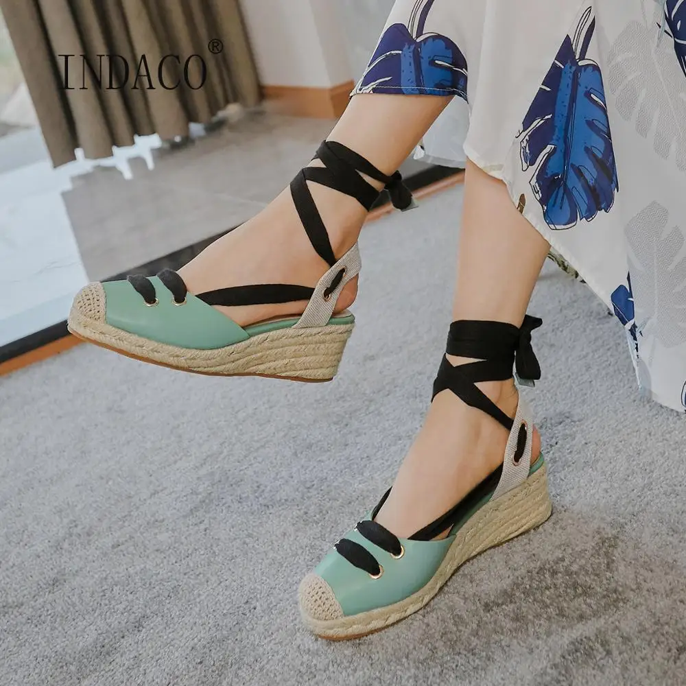 

Women Wedge Sandals Pink Green Platform Leather Sandals Women Summer Shoes Ankle Strap 6cm