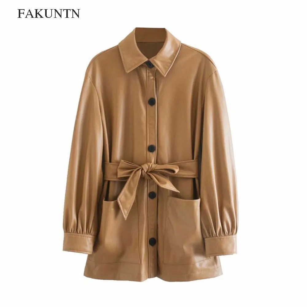 

Women PU Leather With belt Jacket Coat 2020 Autumn Winter Streetwear Motorcycle Jacket Coat Female Oversized Outerwear Chic Tops