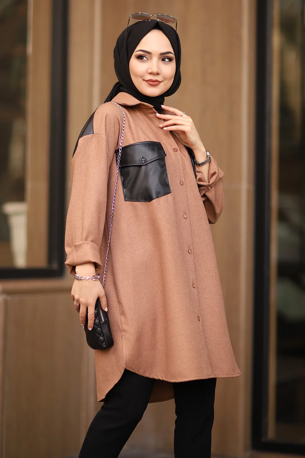 

Women's shirt pocket part leather detailed standard size woolen hijab shirt daily use winter autumn fashion Muslim fashion