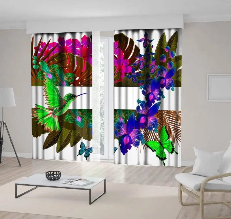 

Curtain Tropical Orchid Flowers Leaves Birds and Butterflies Exotic Nature in Bright Colors Fuchsia Green Blue