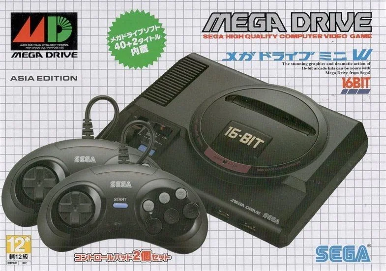 Игровая приставка 16 bit Sega Mega Drive Mini + 42 встроенных игр 2 геймпада (Черная) Asia