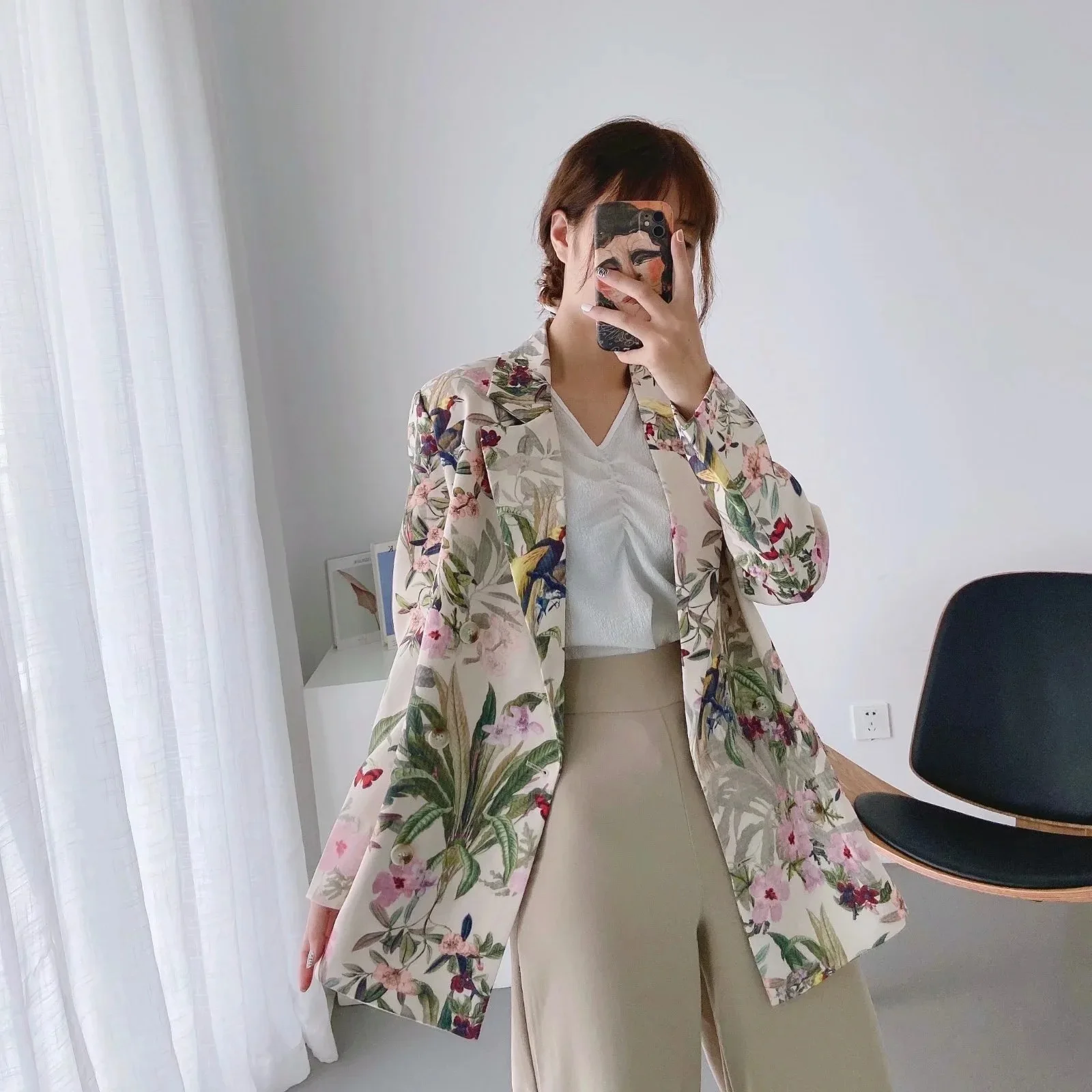 

Women Coat Blazer Dress Floral Print Long Sleeve Causal Lady Loose Jackets Elegant Suit