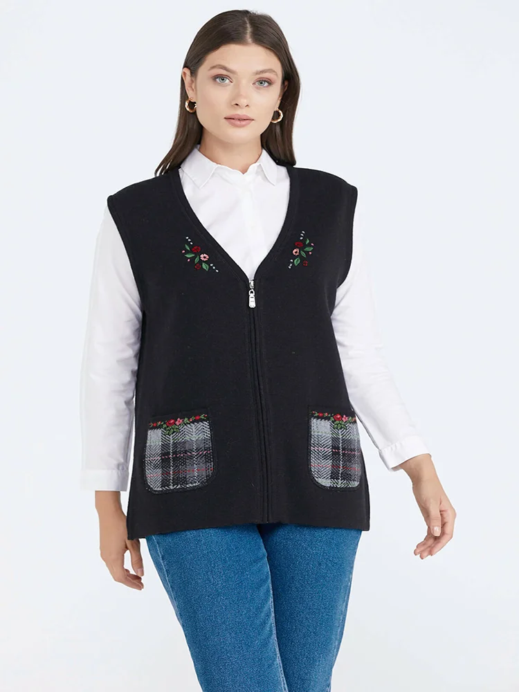 Embroider Patterned Wool Fabric Zippered And Pocketed Knitwear Women's Authentic Style Winter Vest 4 Color Options