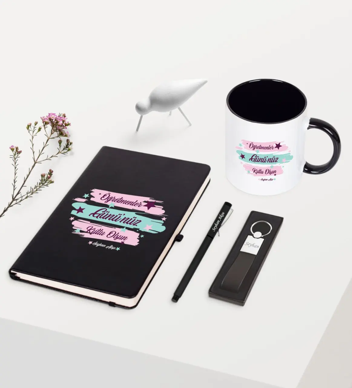 

Personalized Teachers Days Happy Themed Black Notebook Pen Keychain Mug Set-4
