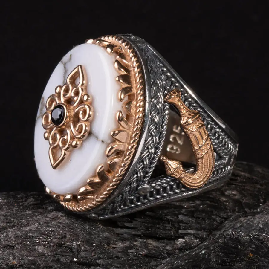 

Oval White Pearl Stone and Zircon Stone Ring Sword Style Ring Ornate Vintage Men Silver Accessories