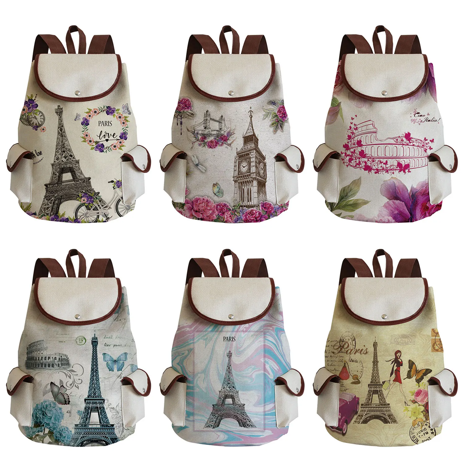 

Floral Eiffel Tower Print Handbags Paris Landscape Women's Backpack Fashion Pretty High Capacity Linen Backpack School Book Bag