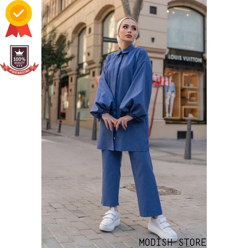 Balloon Sleeve Muslim Woman Set |Tunic Pants|2021 Dubai Abaya Turkey Turkish Women's Clothing Modest Clothing Islam